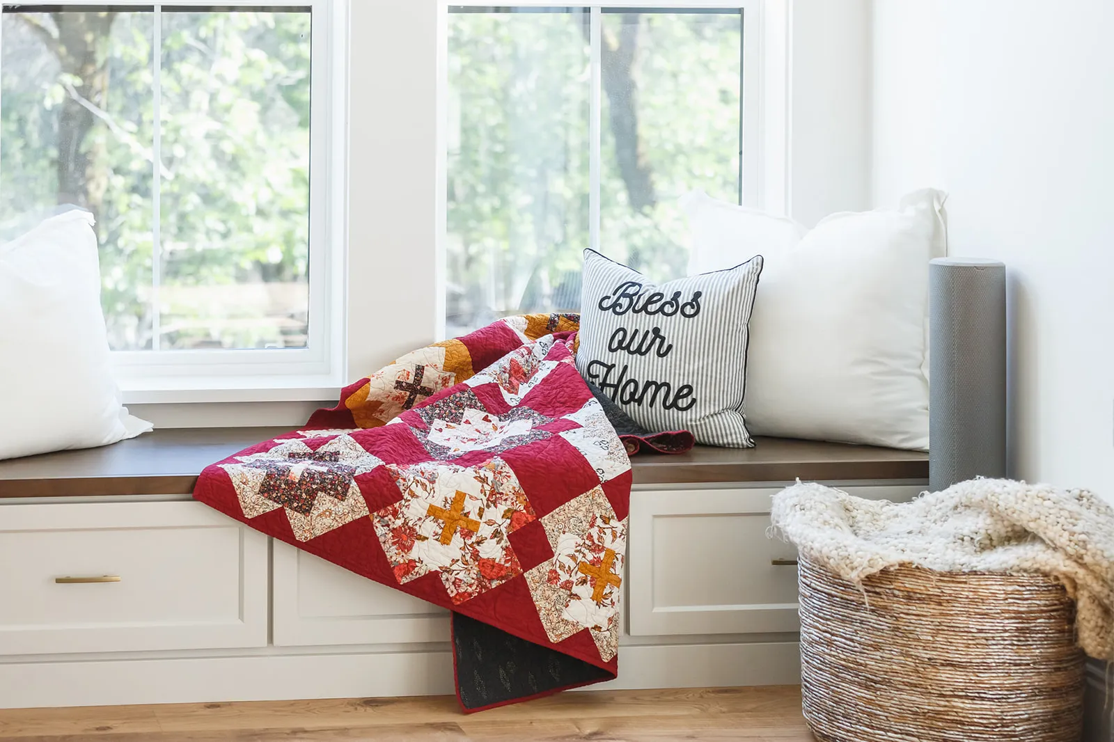 quilt on bench inside brand session in Auburn CA with Leal's Coop